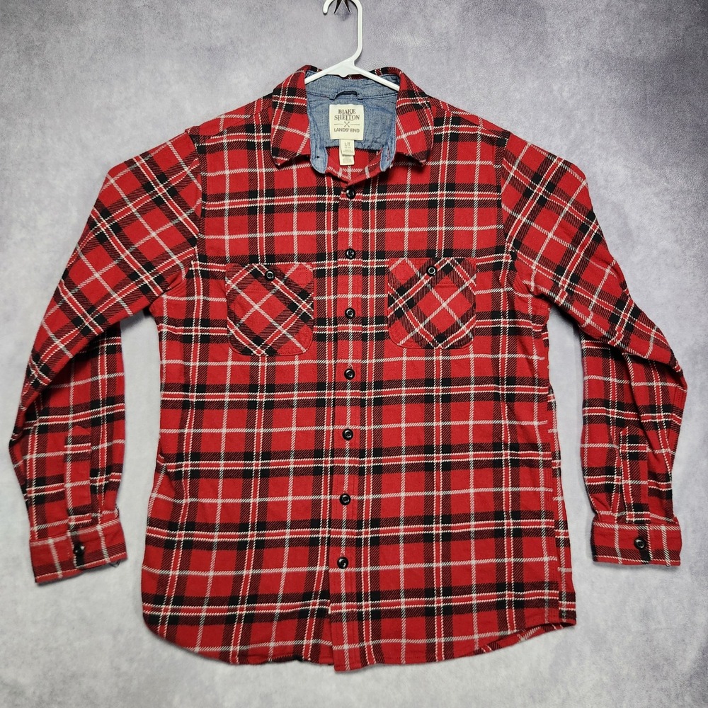 Blake Shelton Lands End Mens Large Tall‎ Red Black Plaid Flannel Shirt Jacket